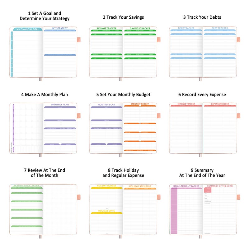 Feela Budget Planner, 2026 Monthly Undated Bill Organizer Hardcover Financial Journal, Feela Money Expense Tracker with Budget Envelopes, Stickers, 1 Pen, User Manual, A5, Last 12 Months, Purple - Image 4